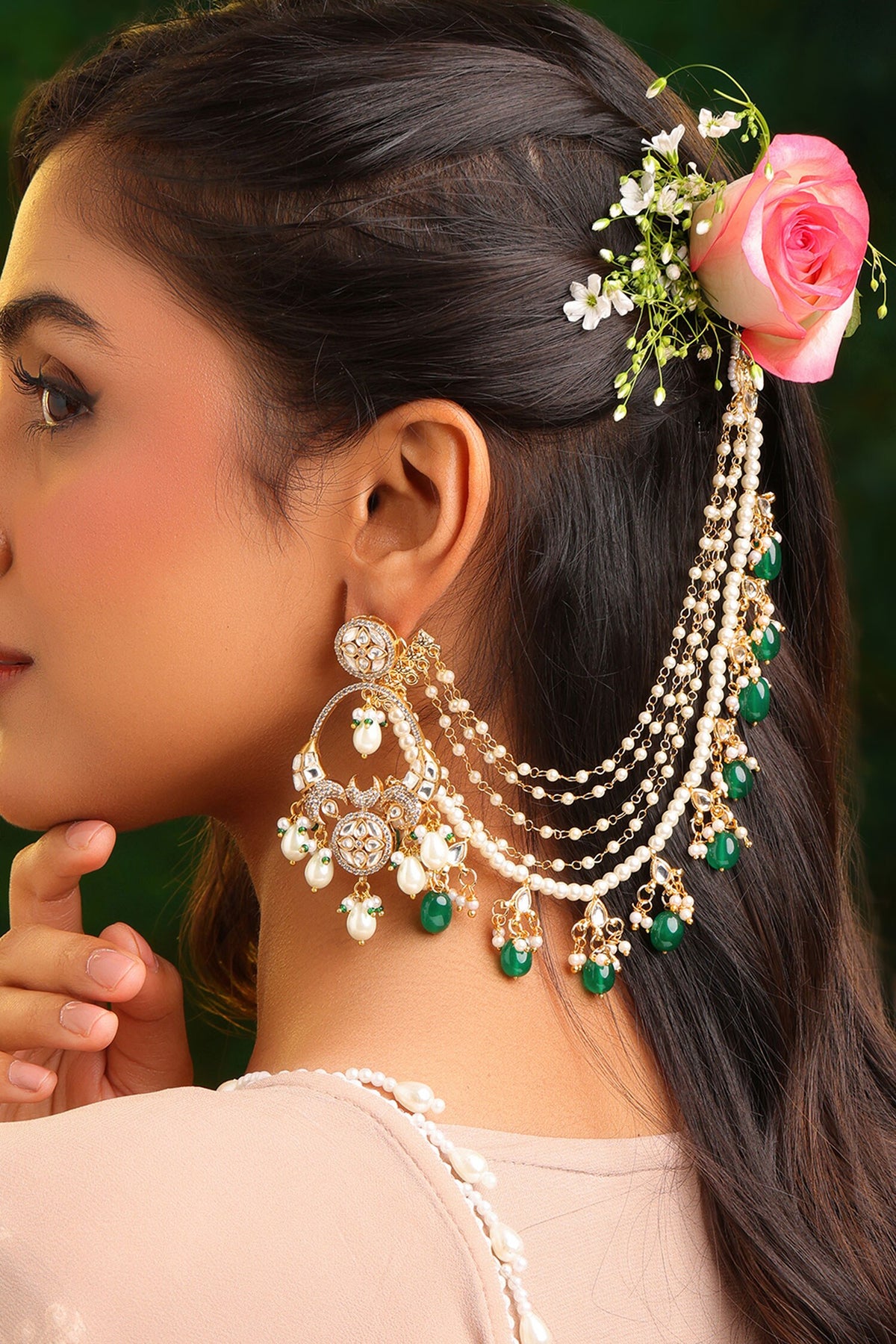 Kundan Pearl & Green Beads Pair of Ear Chains 