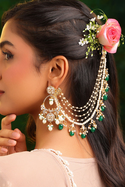Kundan Pearl & Green Beads Pair of Ear Chains 