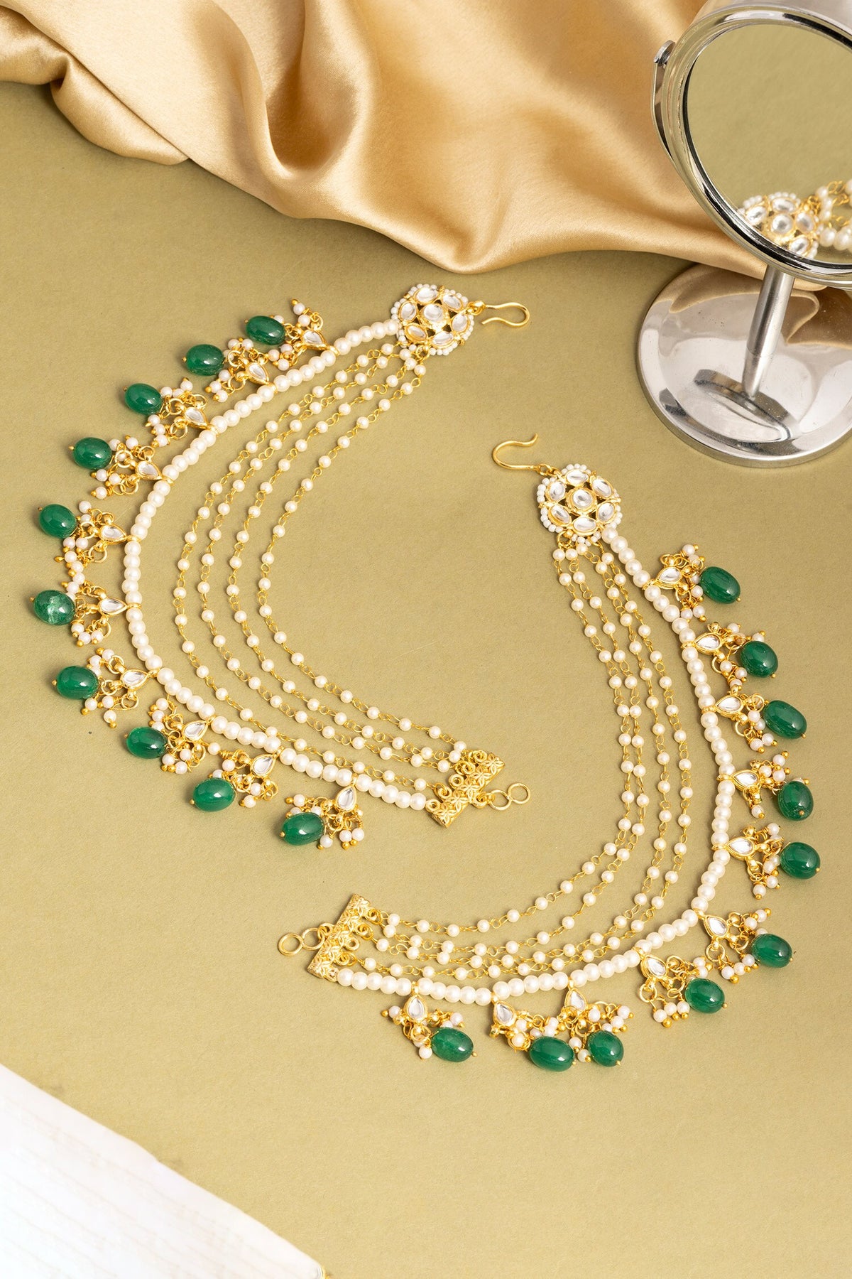 Kundan Pearl & Green Beads Pair of Ear Chains 