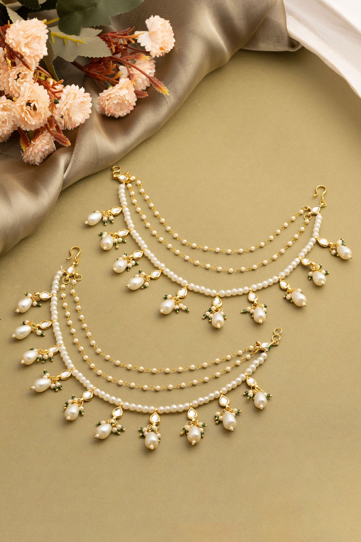 Handmade Kundan Pearl Pair of Ear Chains 