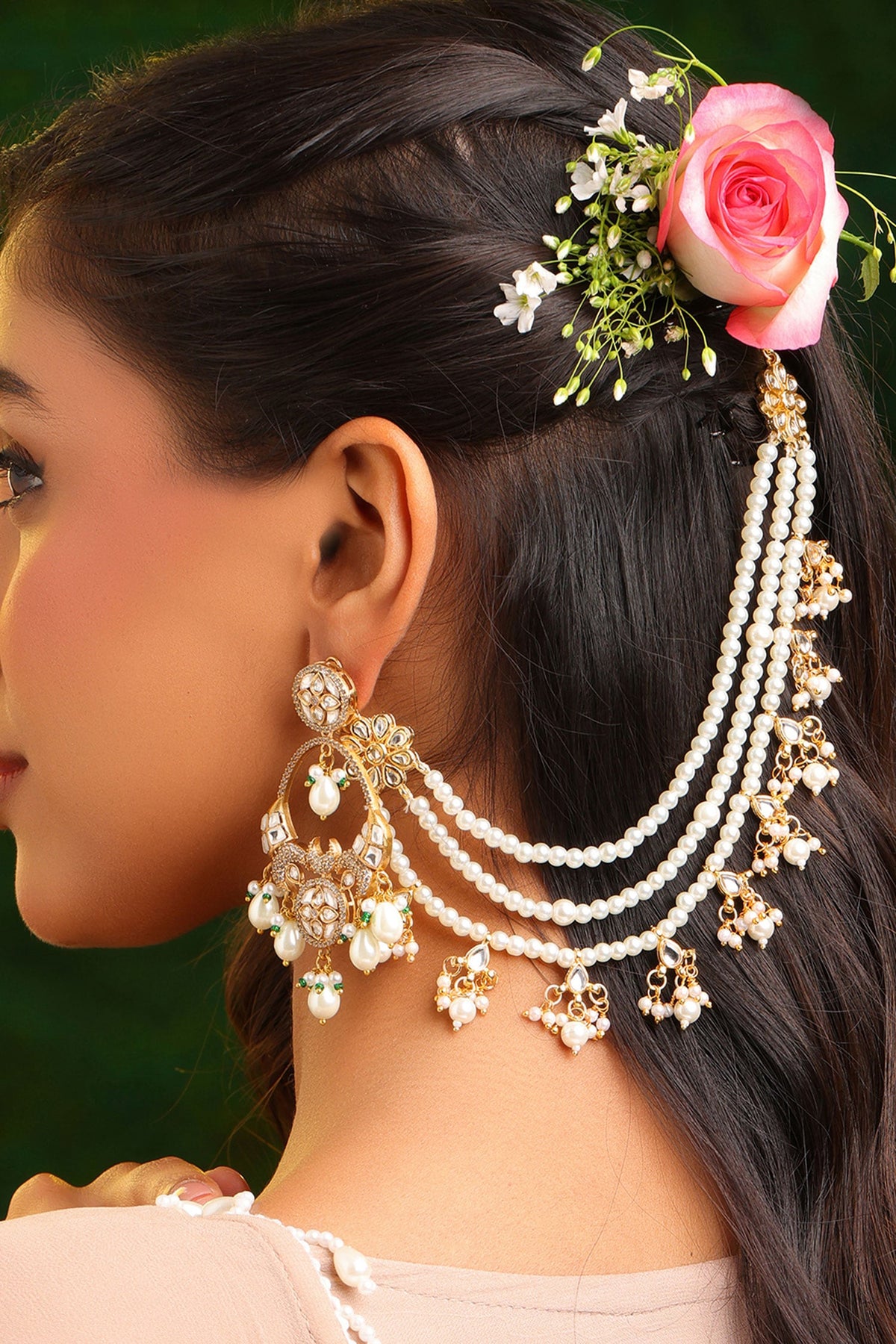 Handmade Kundan Pearl Pair of Ear Chain 