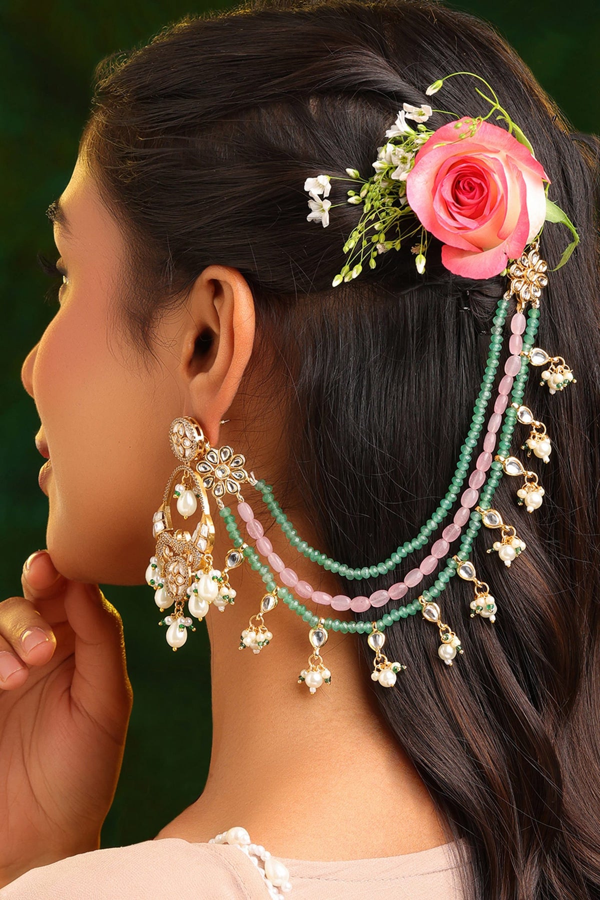 Kundan Pearl Beaded Pair of Ear Chain 