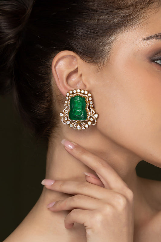 Green Carved Jade Stud Earrings 