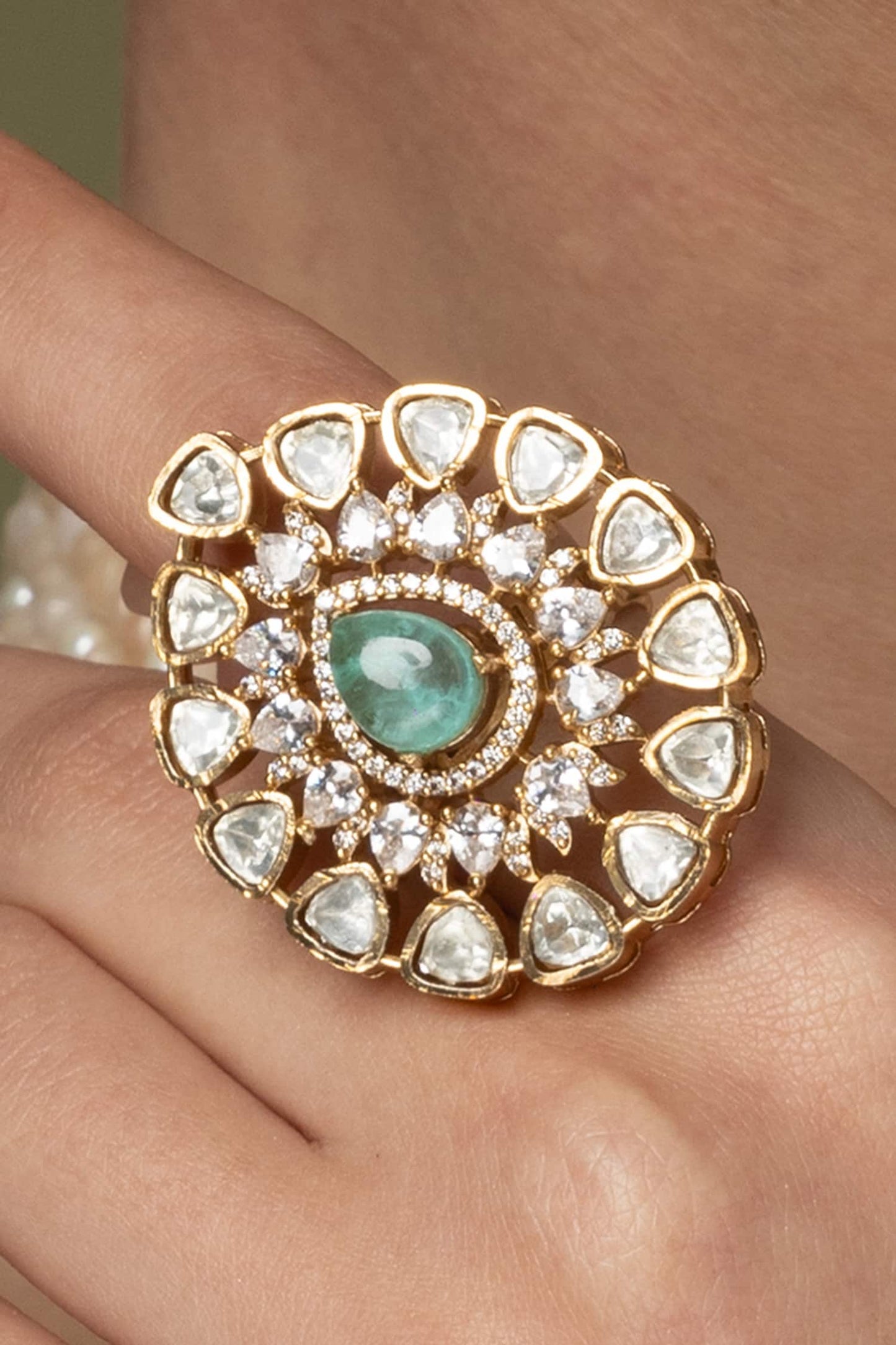 Mint Emerald & White Stone Cluster Ring 