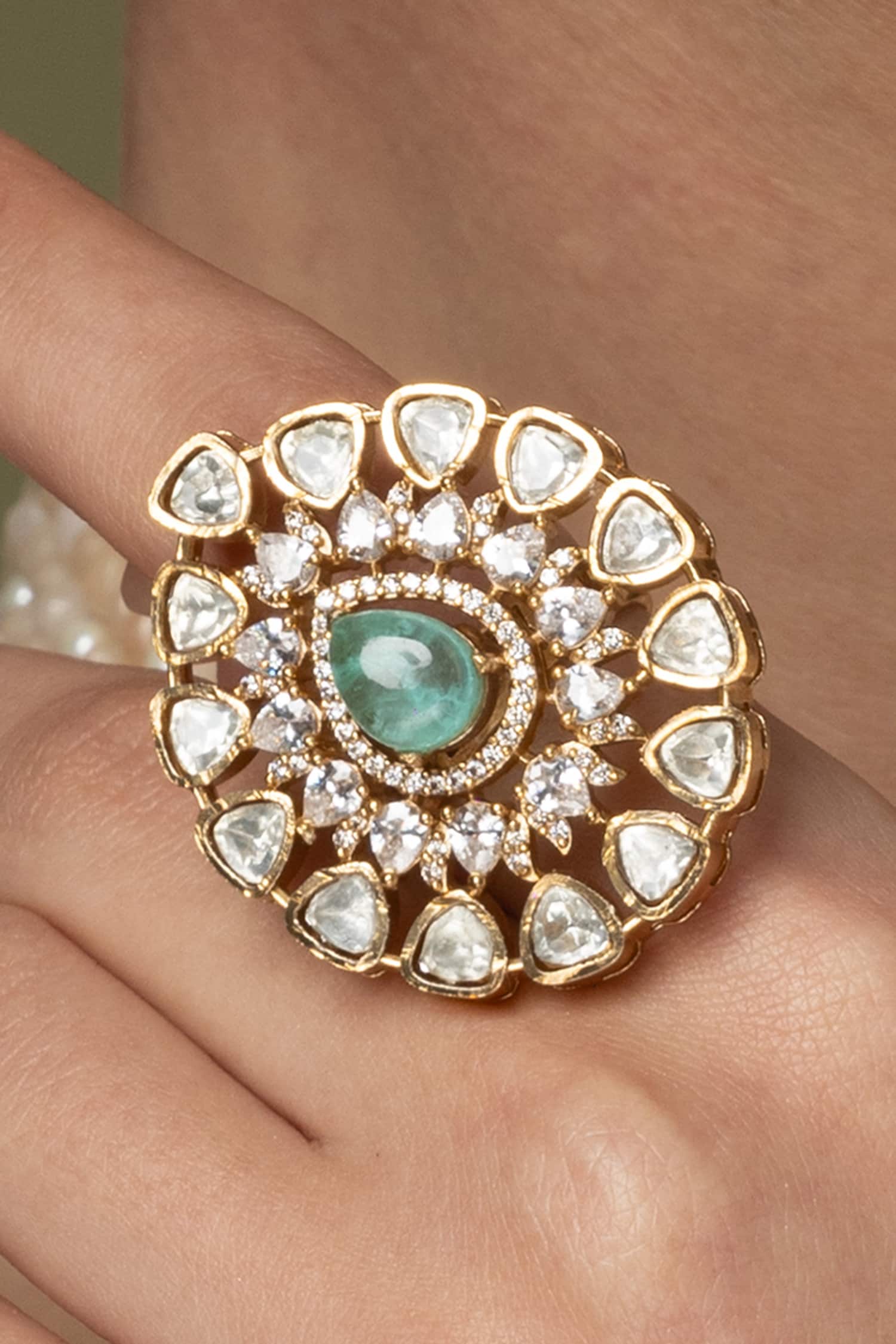 Mint Emerald & White Stone Cluster Ring 