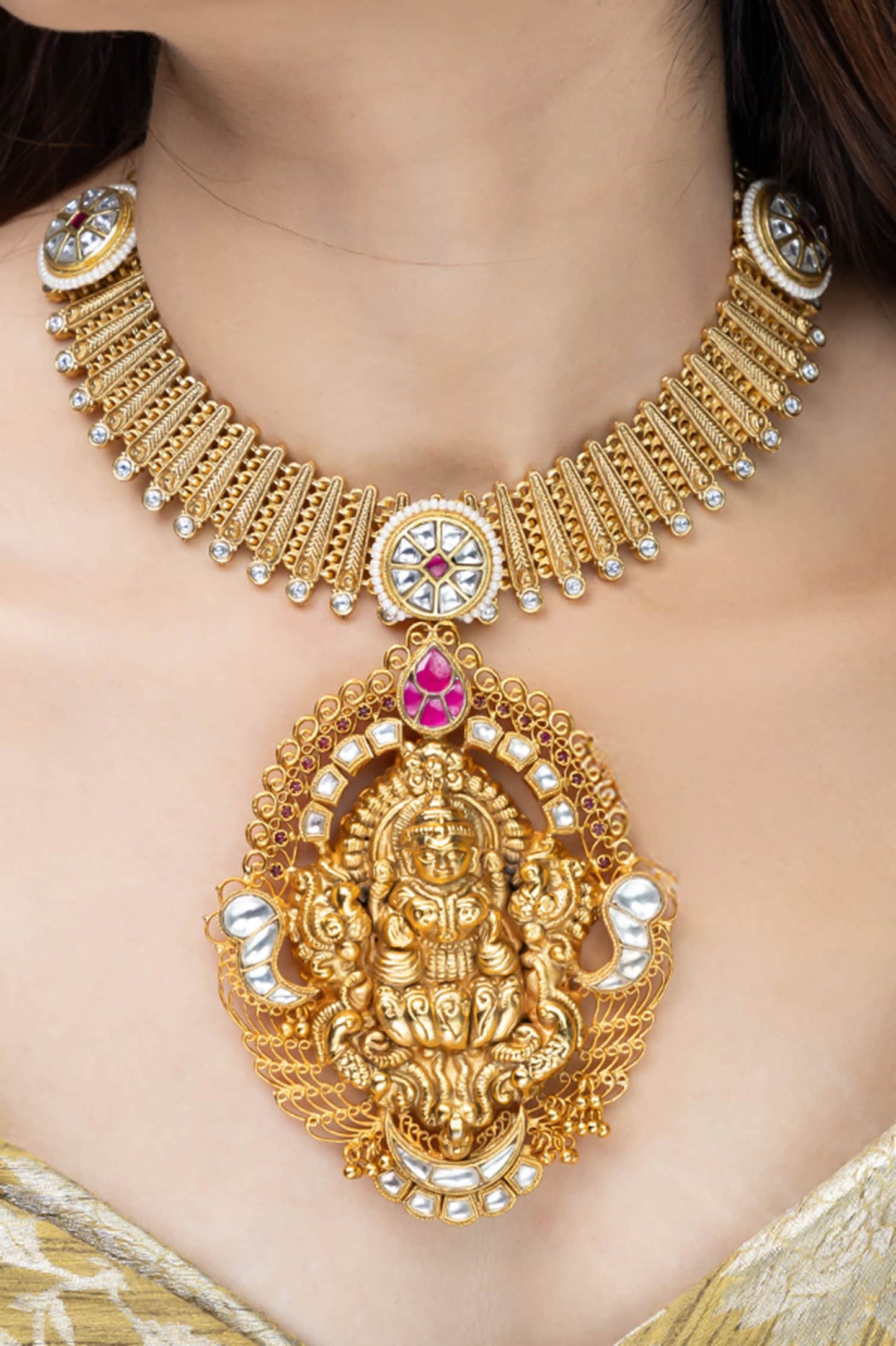 Golden Ganesha Temple Pendant Necklace 