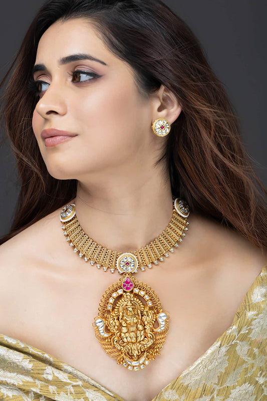 Golden Ganesha Temple Pendant Necklace 