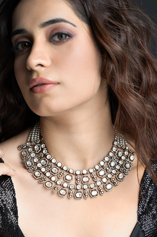 Triple-Tier Shimmering Stone Embellished Necklace 