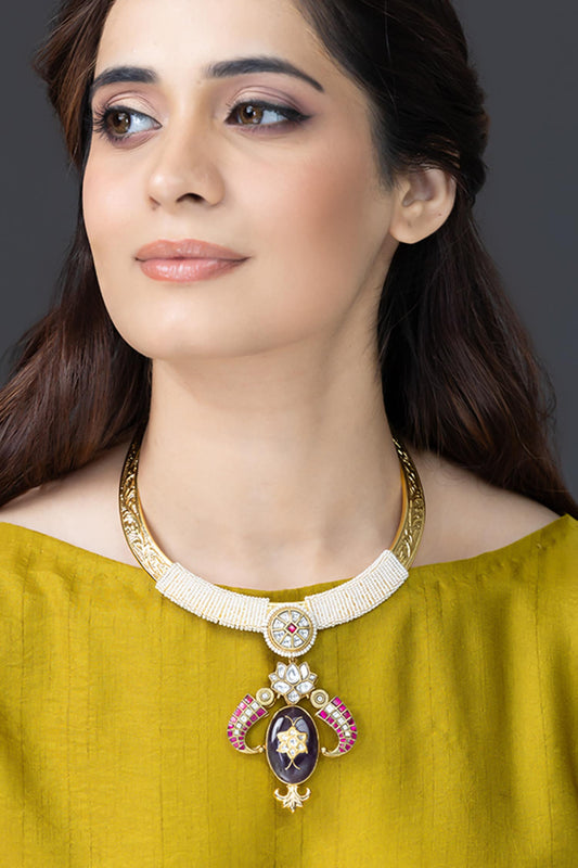Regal Gold Collar Amethyst Embellished Necklace 