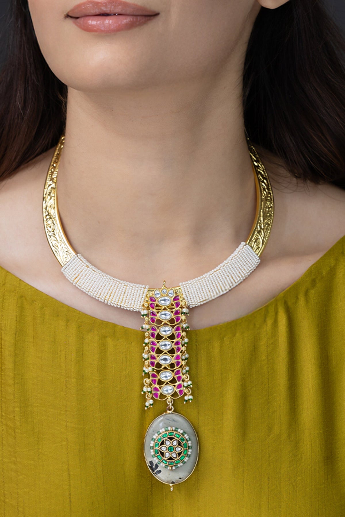 Petite Bead & Ruby Embellished Pendant Necklace 