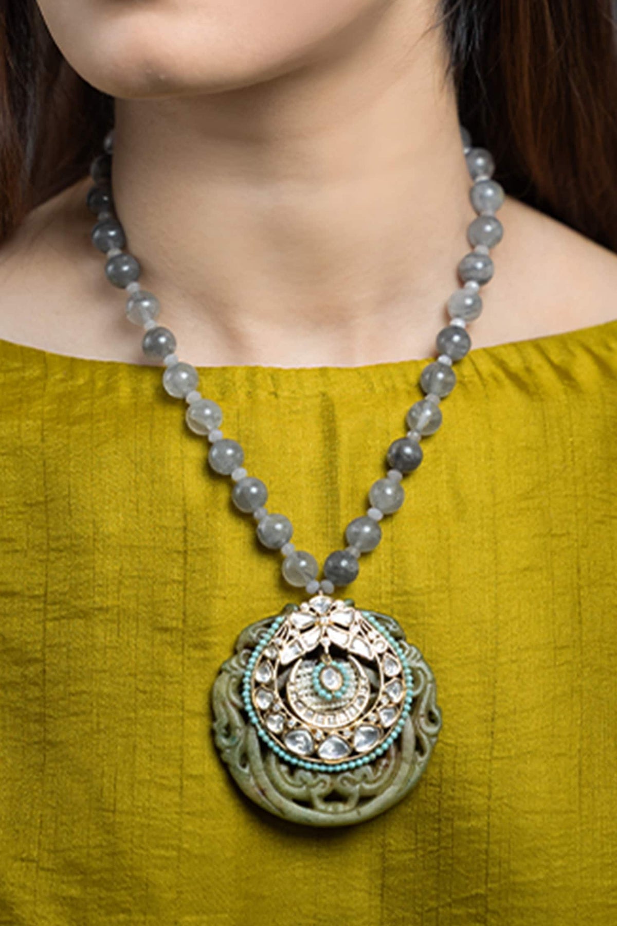 Noorani Floral Carved Pendant Necklace 