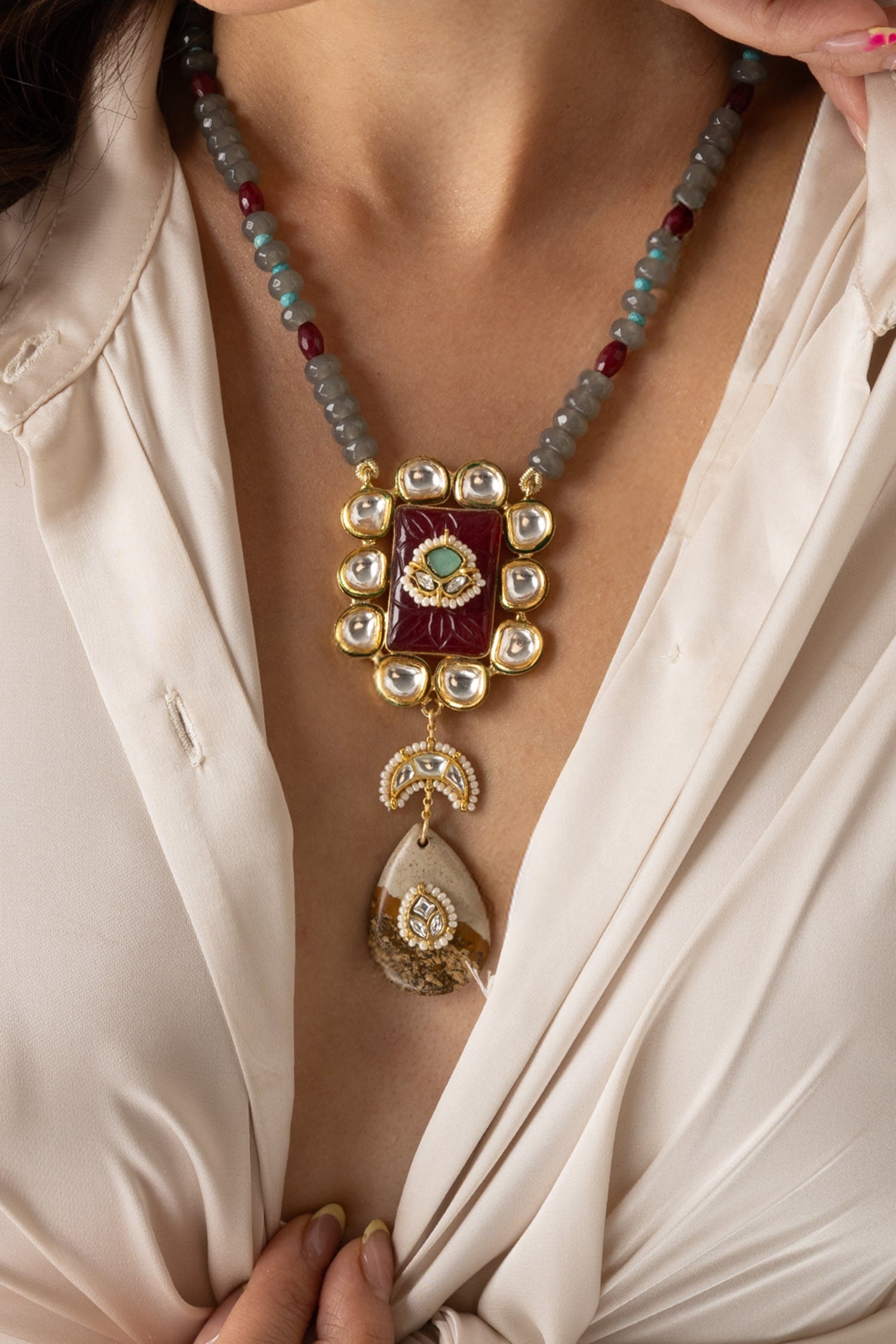 Ornate Mixed Bead Embellished Pendant Necklace 
