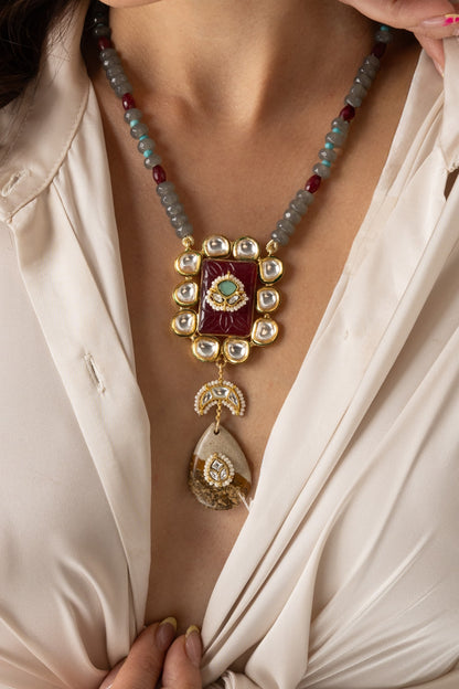 Ornate Mixed Bead Embellished Pendant Necklace 