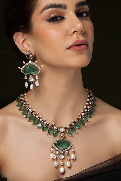 Emerald Ruby Embellished Pendant Necklace Set 