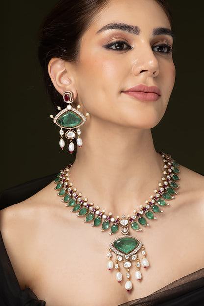 Emerald Ruby Embellished Pendant Necklace Set 