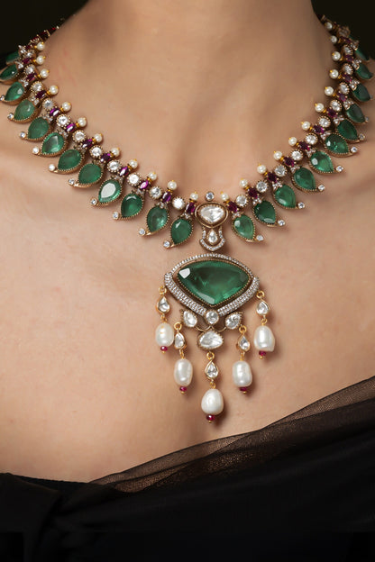 Emerald Ruby Embellished Pendant Necklace Set 