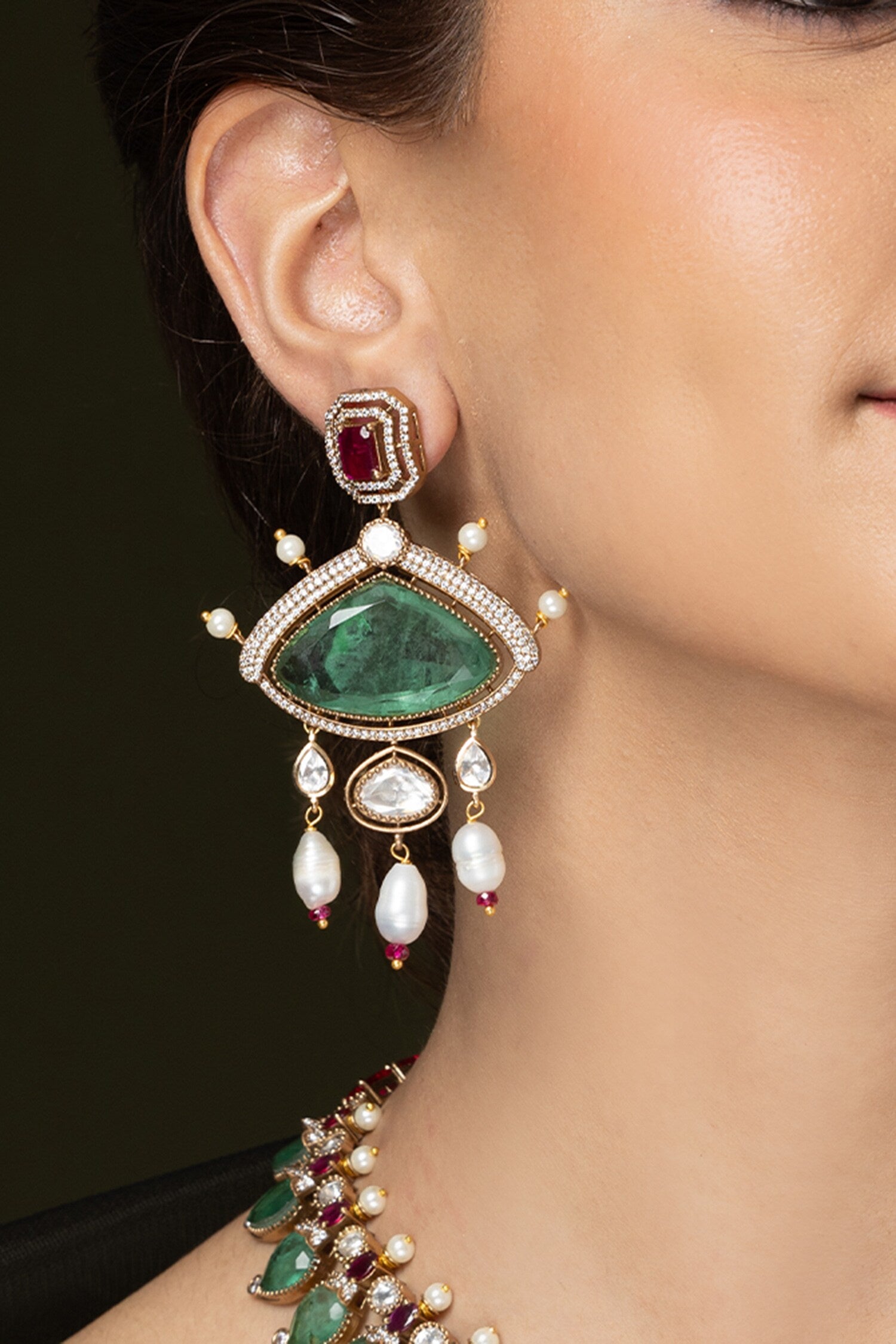 Emerald Ruby Embellished Pendant Necklace Set 