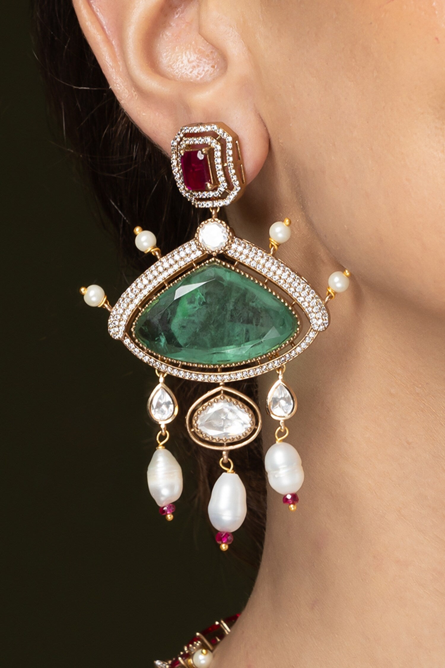Emerald Ruby Embellished Pendant Necklace Set 