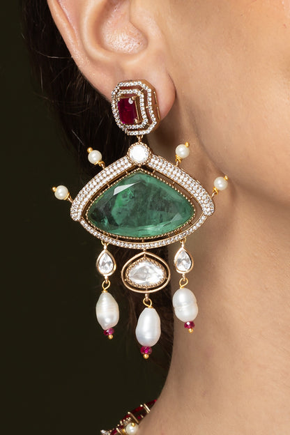 Emerald Ruby Embellished Pendant Necklace Set 