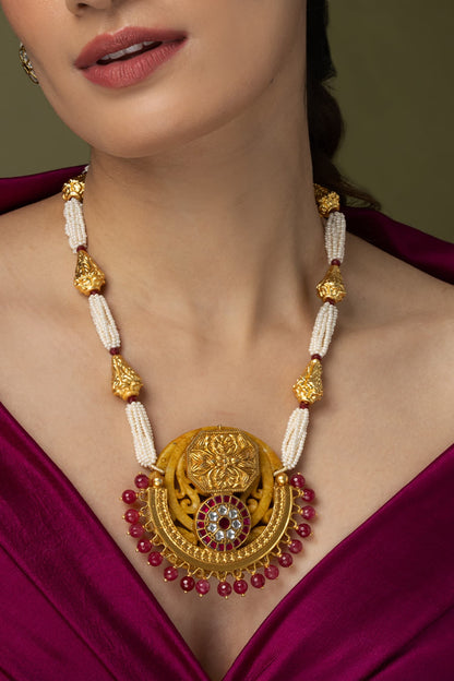 Medallion & Pearl Long Necklace Set 