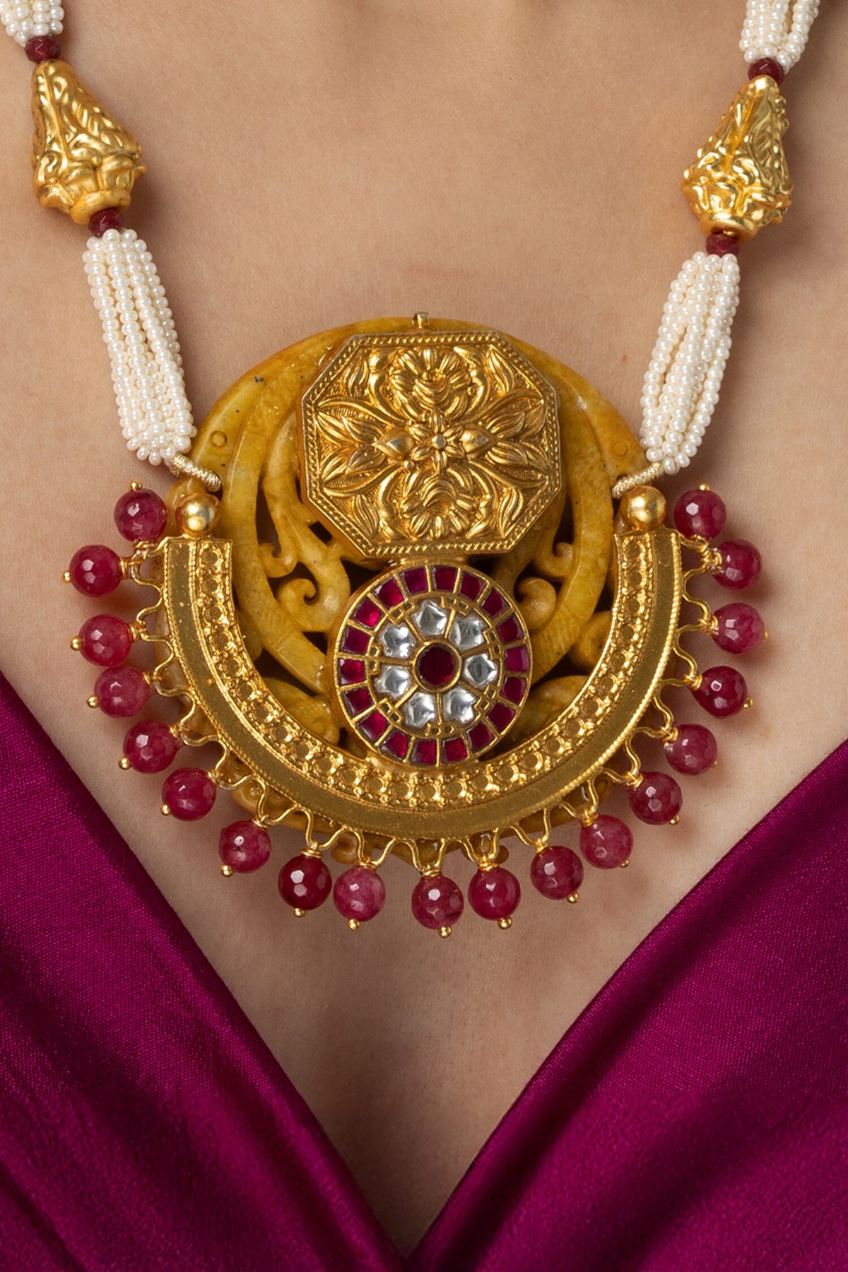 Medallion & Pearl Long Necklace Set 