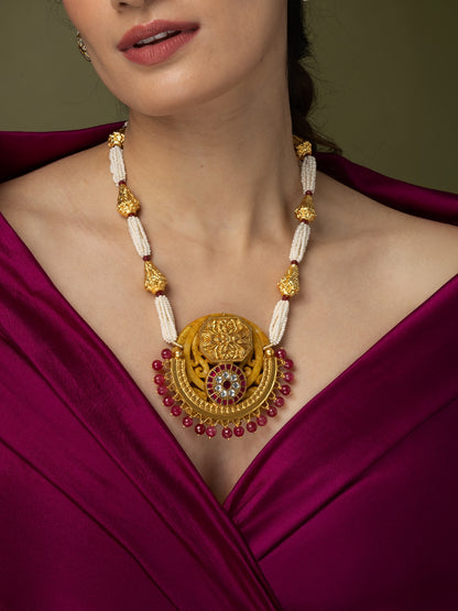Medallion & Pearl Long Necklace Set 