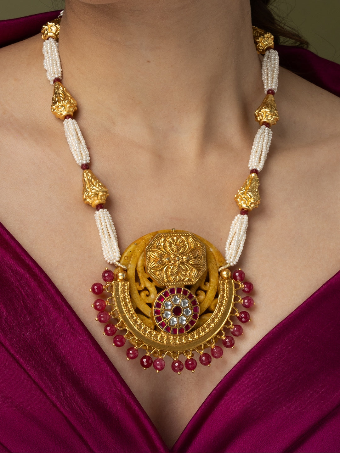 Medallion & Pearl Long Necklace Set 