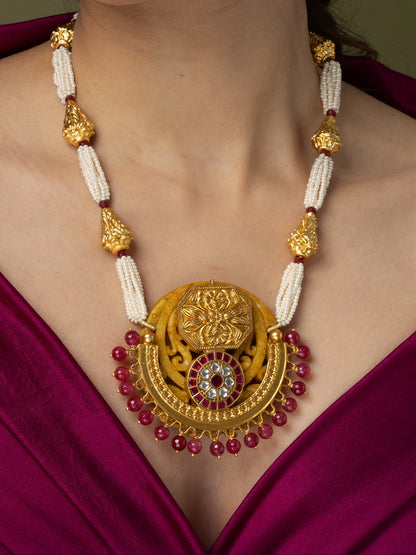 Medallion & Pearl Long Necklace Set 