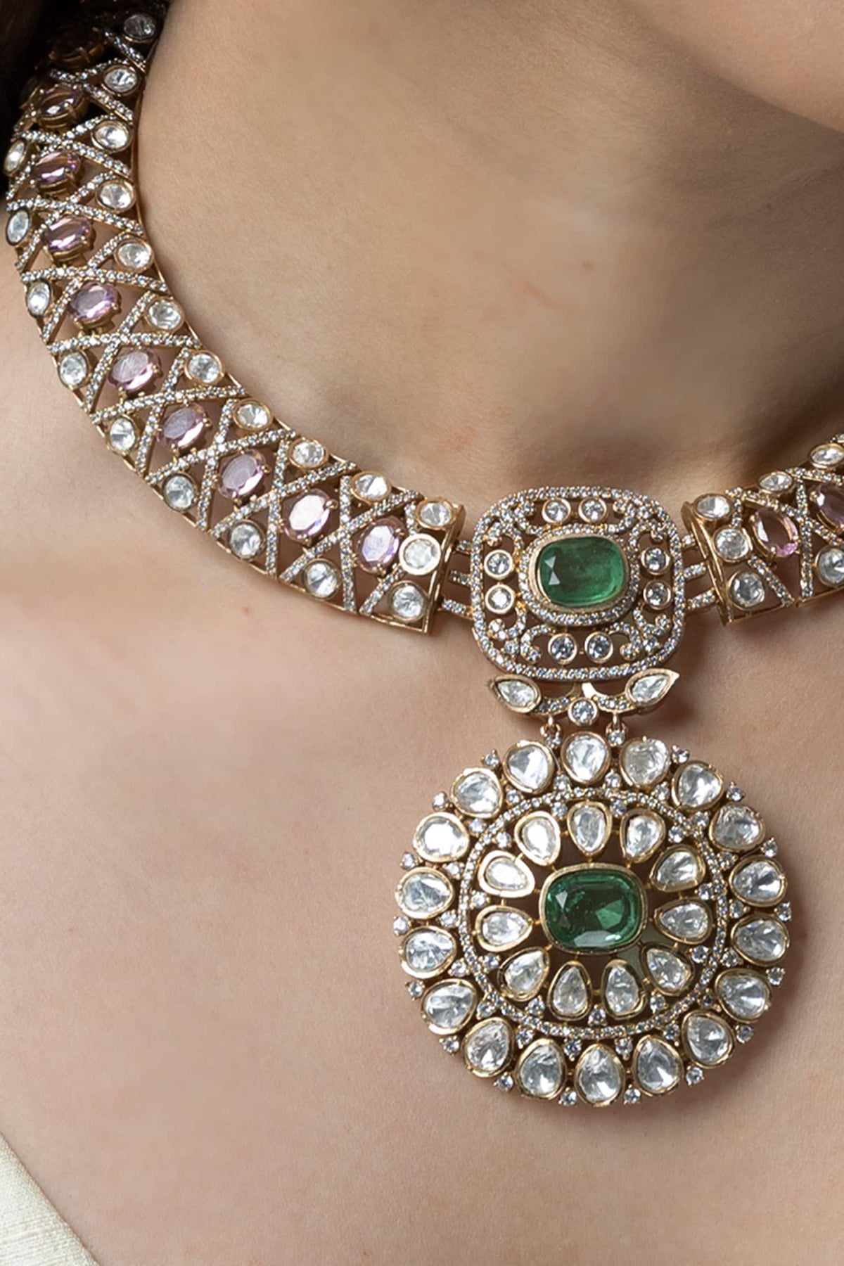 Emerald Embellished Pendant Necklace Set 