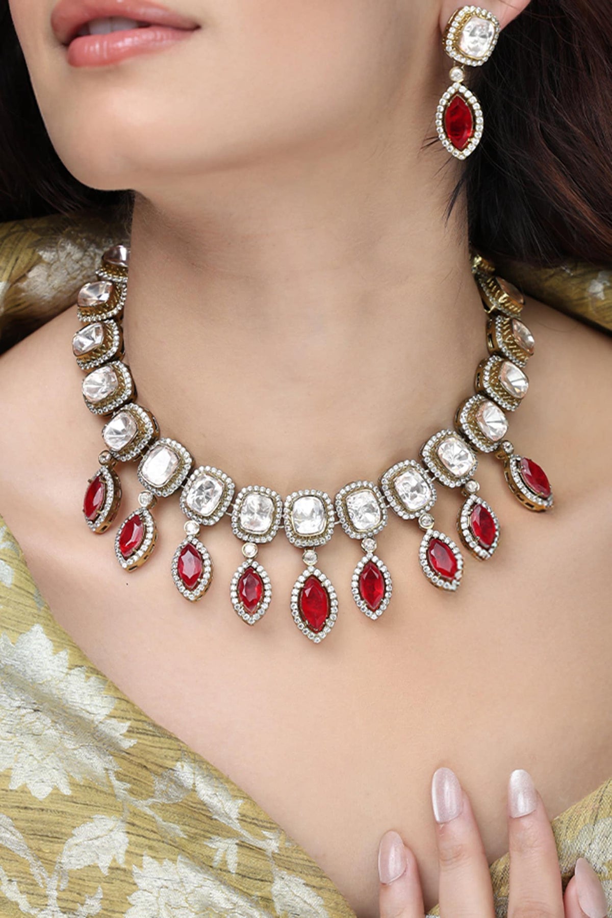 Ruby Teardrop Halo Necklace Set 