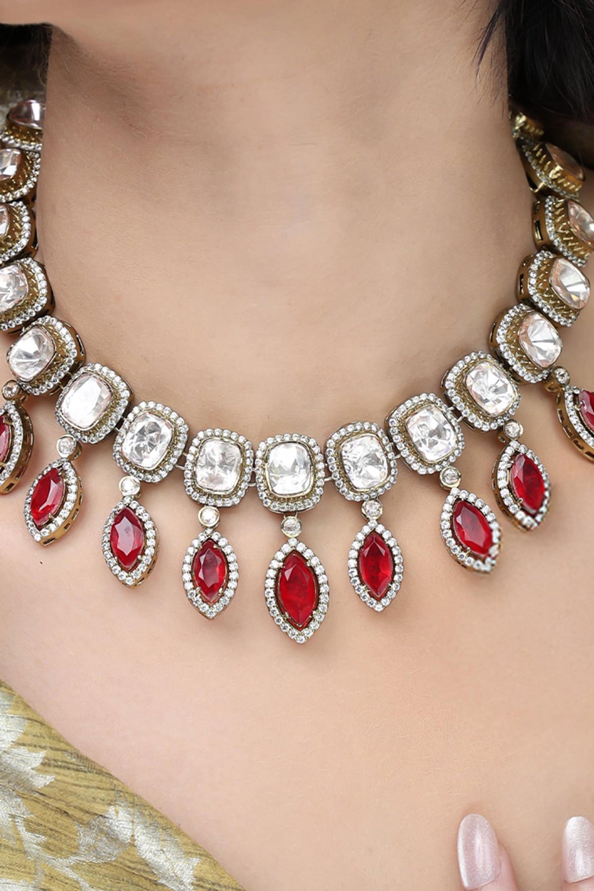 Ruby Teardrop Halo Necklace Set 