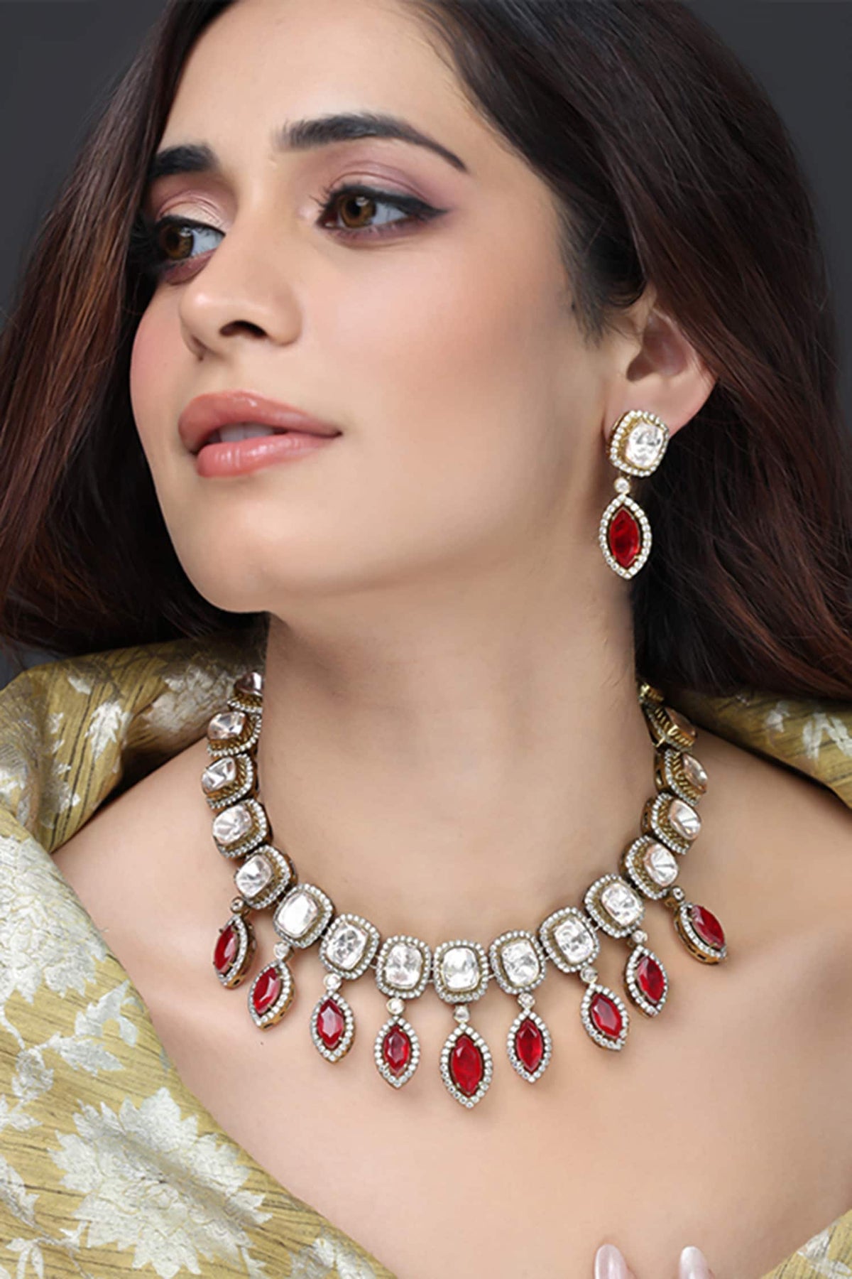Ruby Teardrop Halo Necklace Set 
