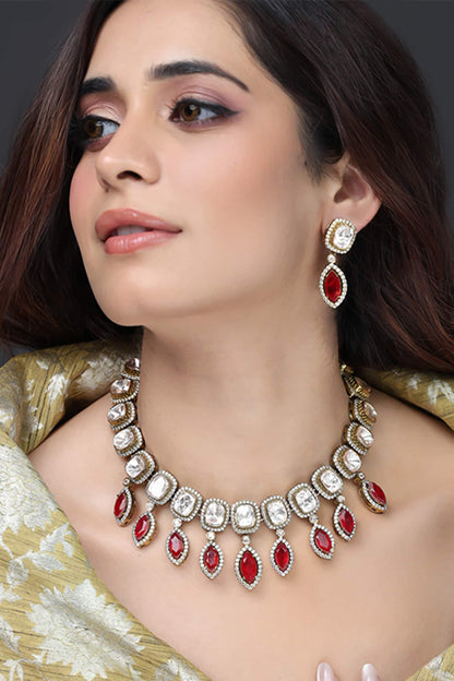 Ruby Teardrop Halo Necklace Set 