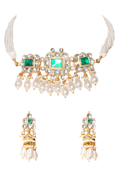 Floral Pendant Stone Choker Set 