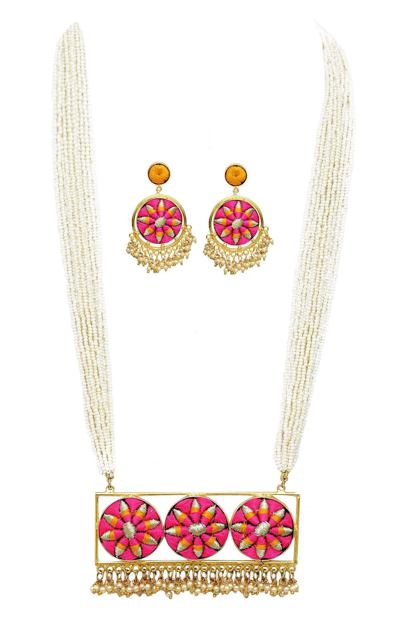 Silk Hand Embroidered Long Pendant Necklace Set 
