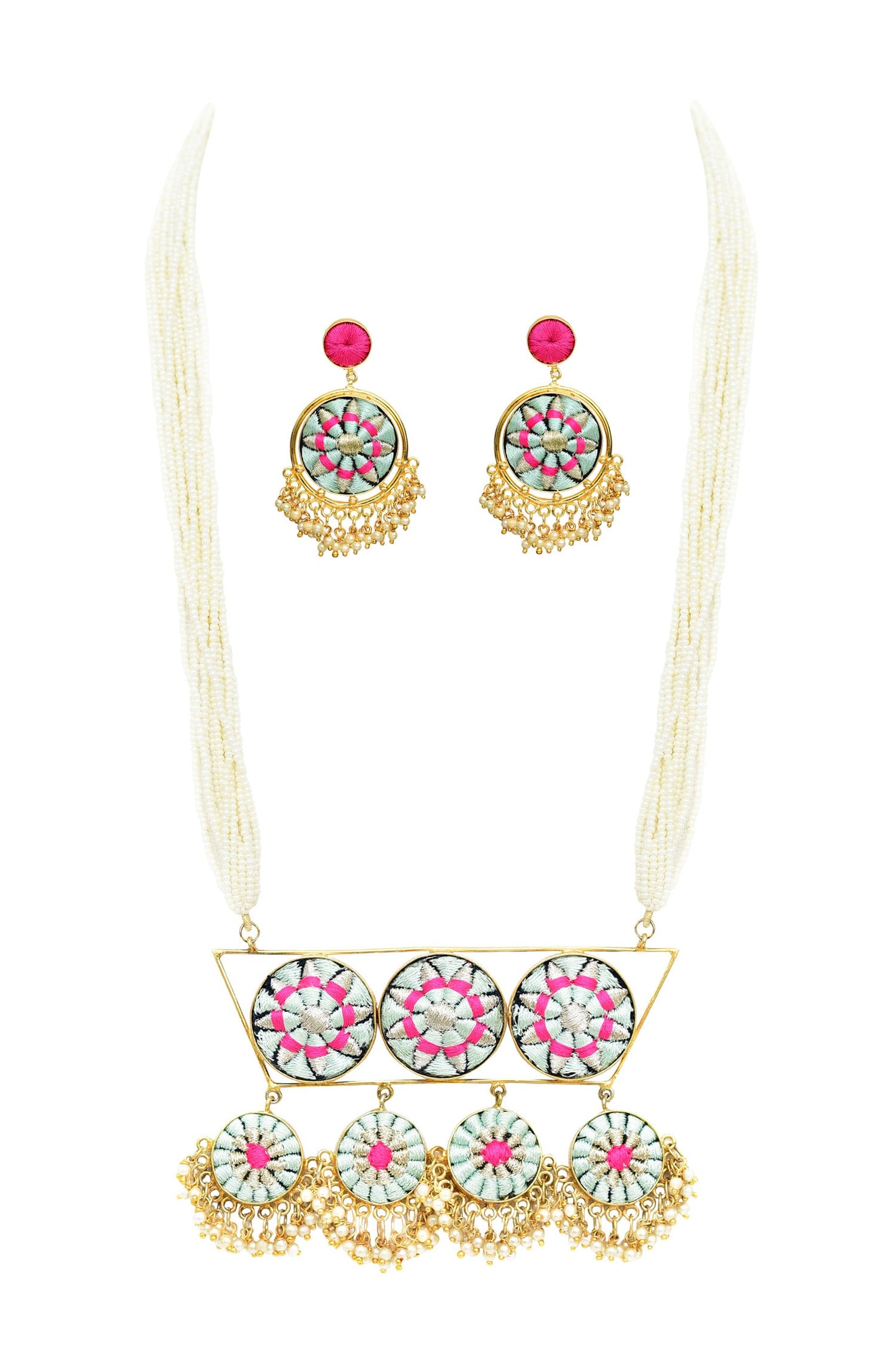 Silk Hand Embroidered Long Pendant Necklace Set 