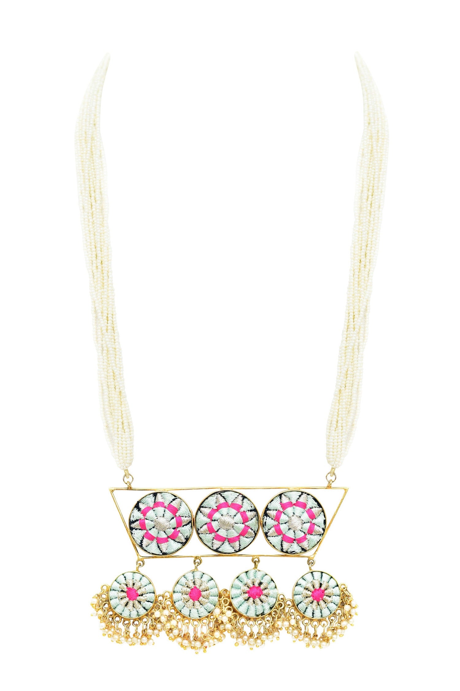 Silk Hand Embroidered Long Pendant Necklace Set 