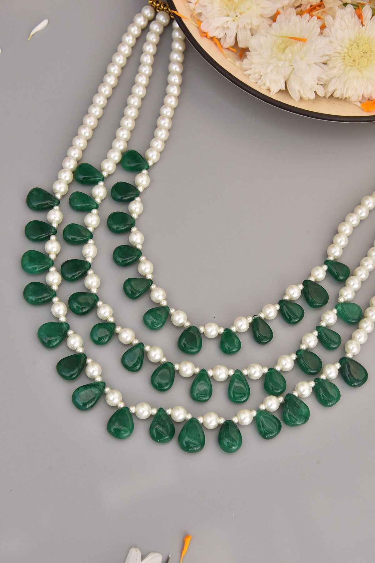 Green Pearl Embellished Layered Necklace 