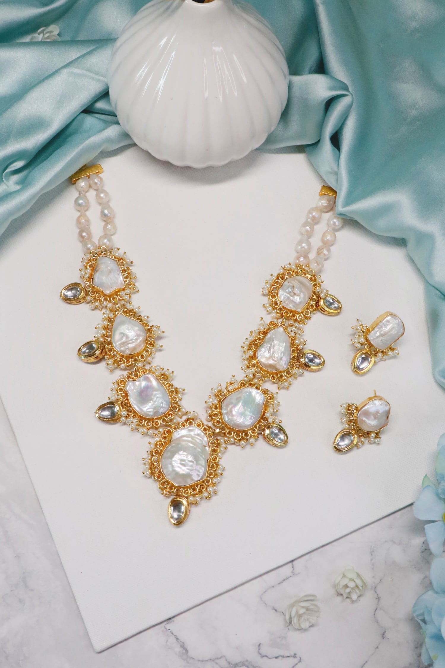 Gold Kundan Shell Pearl Necklace Set 