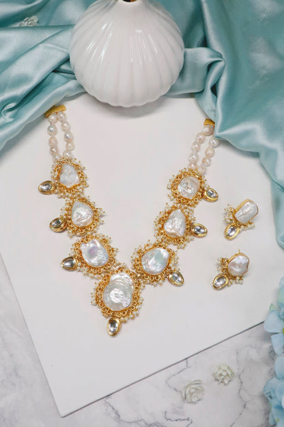 Gold Kundan Shell Pearl Necklace Set 