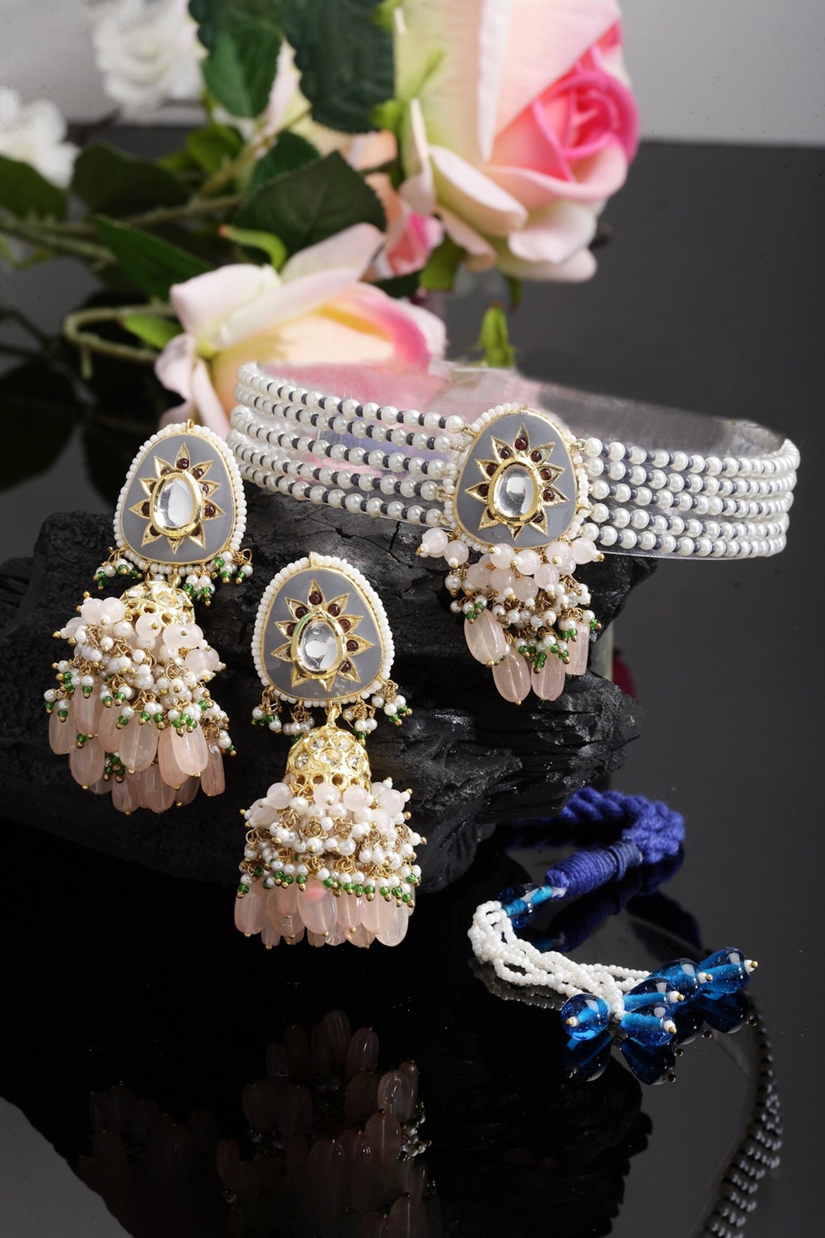 Stone Embellished Pendant Choker Set 