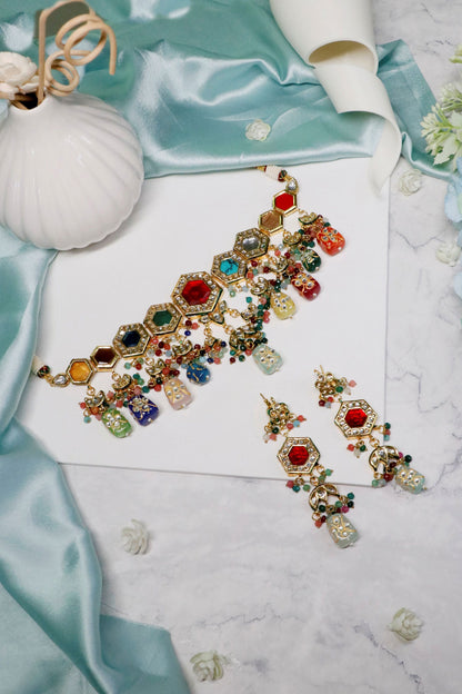 Gold Multi Color Navratna Choker Set 