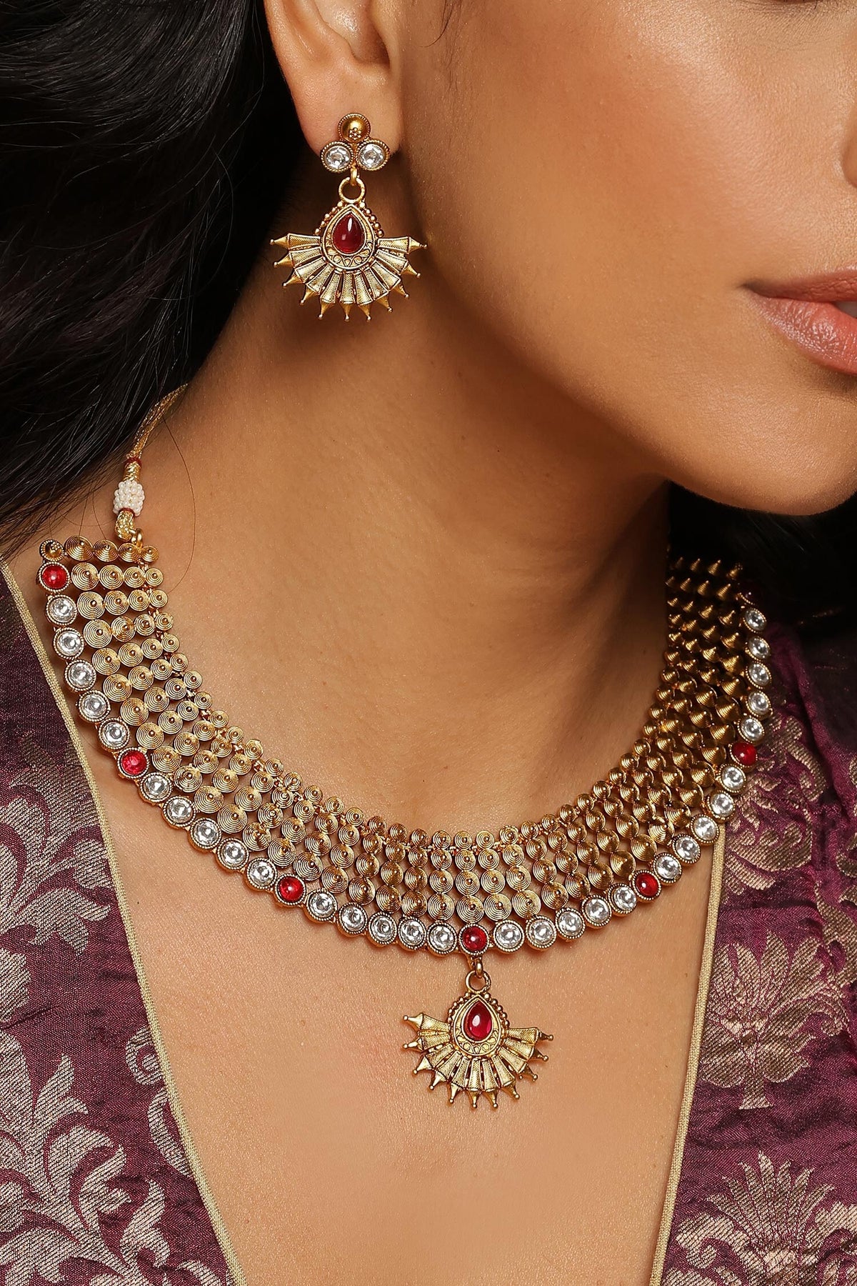 Ruby Embellished Temple Necklace Set 
