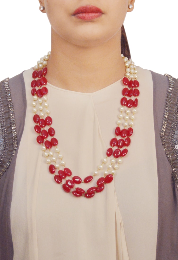 Stones & Pearls Embellished Long Necklace 