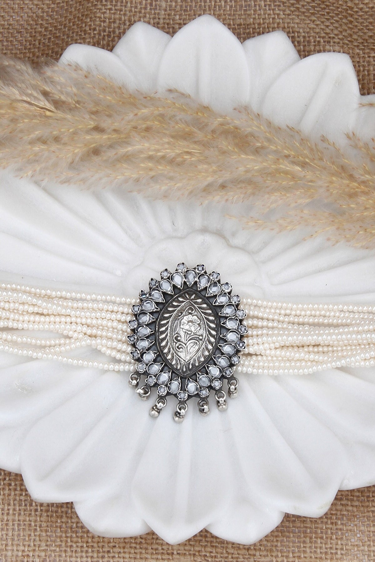 Wajiha Silver Pearl Embellished Choker 