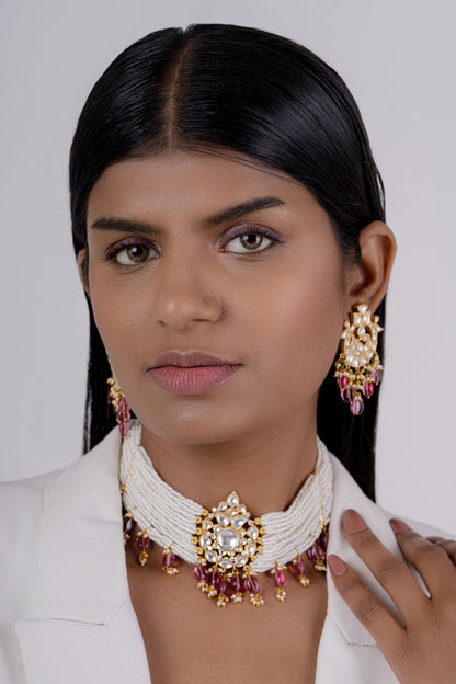 Bead Layered Pendant Choker Set 