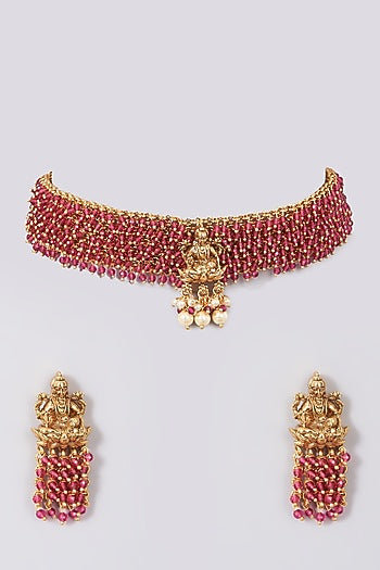 Gold Finish Choker Necklace Set With Red Synthetic Drops