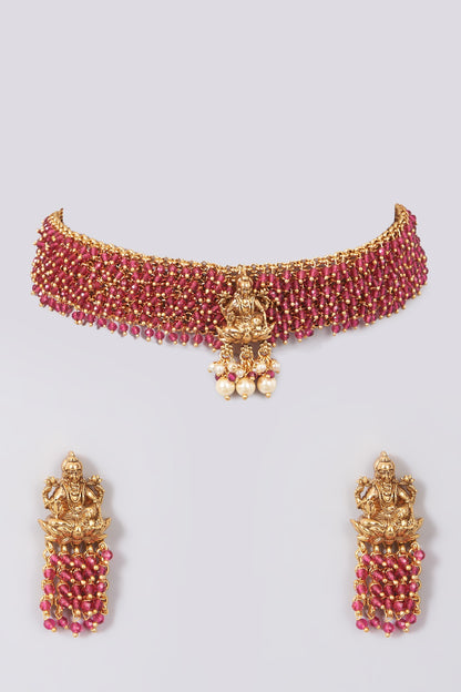 Gold Finish Choker Necklace Set With Red Synthetic Drops