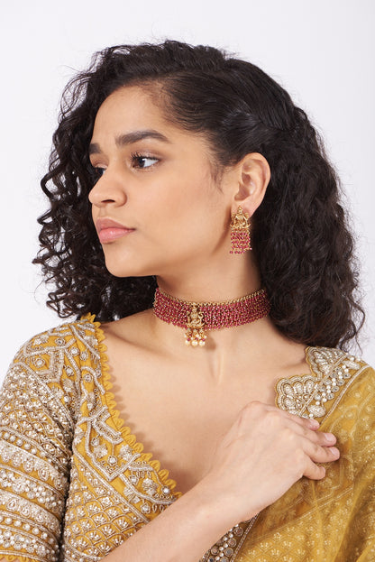 Gold Finish Choker Necklace Set With Red Synthetic Drops
