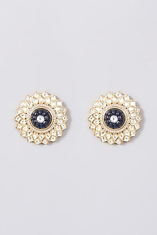 Gold Finish Stud Earrings With Blue Stones